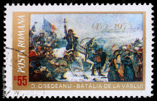 Stamp printed in Romania shows 500th Anniversary Defeat of the Turcs by Stephan the Great Battle of Vaslui by O. Obedeanu, circa 1975.