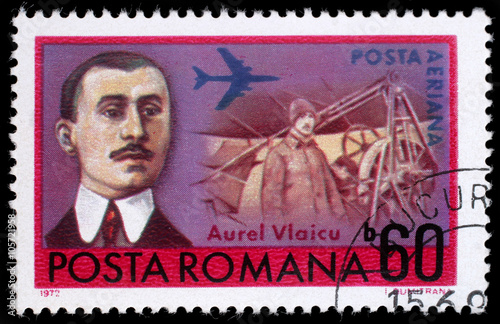 Stamp printed in Romania shows Aurel Vlaicu (1882-1913) Romanian engineer, inventor, airplane constructor and early pilot, circa 1972.
