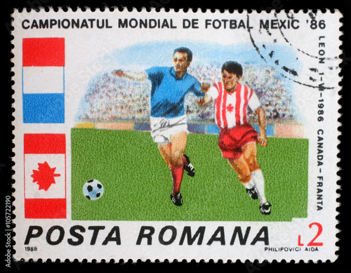 Stamp printed in Romania shows Football World Cup, Mexico, circa 1986.