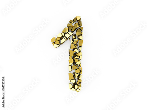 3d Number one destroyed whit gold surface isolated on a white background