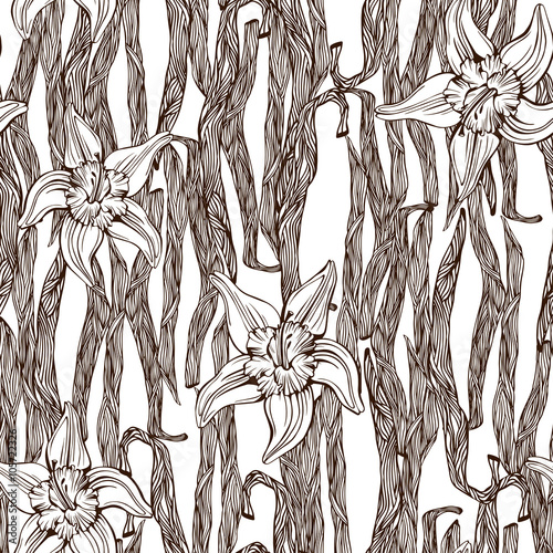 Seamless vector pattern with hand drawn vanilla sketch. Decorative vintage spice background.