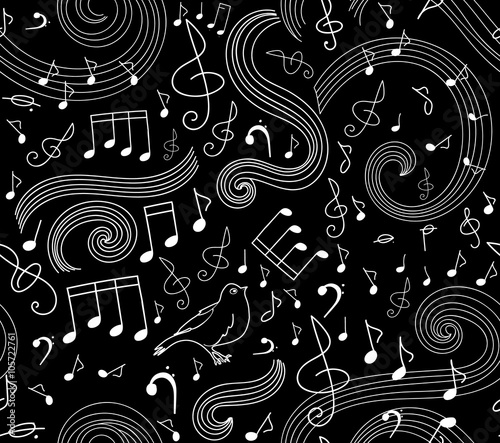 Art musical seamless vector pattern with notes and singing birds