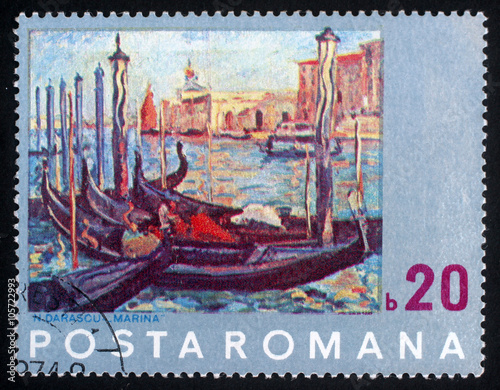 Stamp from Romania shows painting of Venice by N. Darascu