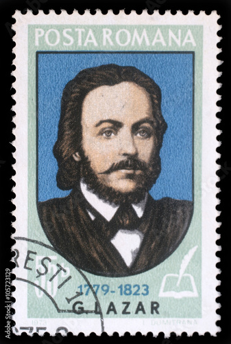 Stamp printed in Romania shows Gheorghe Lazar (1779-1823) Transylvanian-born Romanian scholar, the founder of the first Romanian language school, circa 1973.
