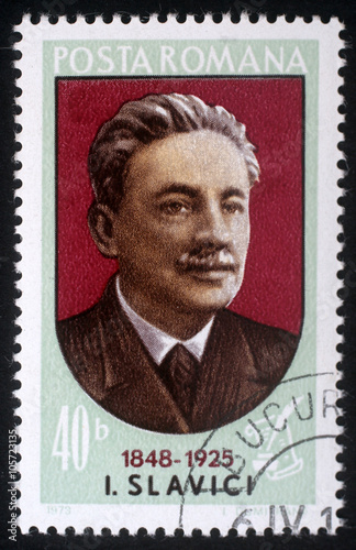 Stamp printed in Romania shows Ioan Slavici (1848-1925) Transylvanian-born Romanian writer and journalist, circa 1973.