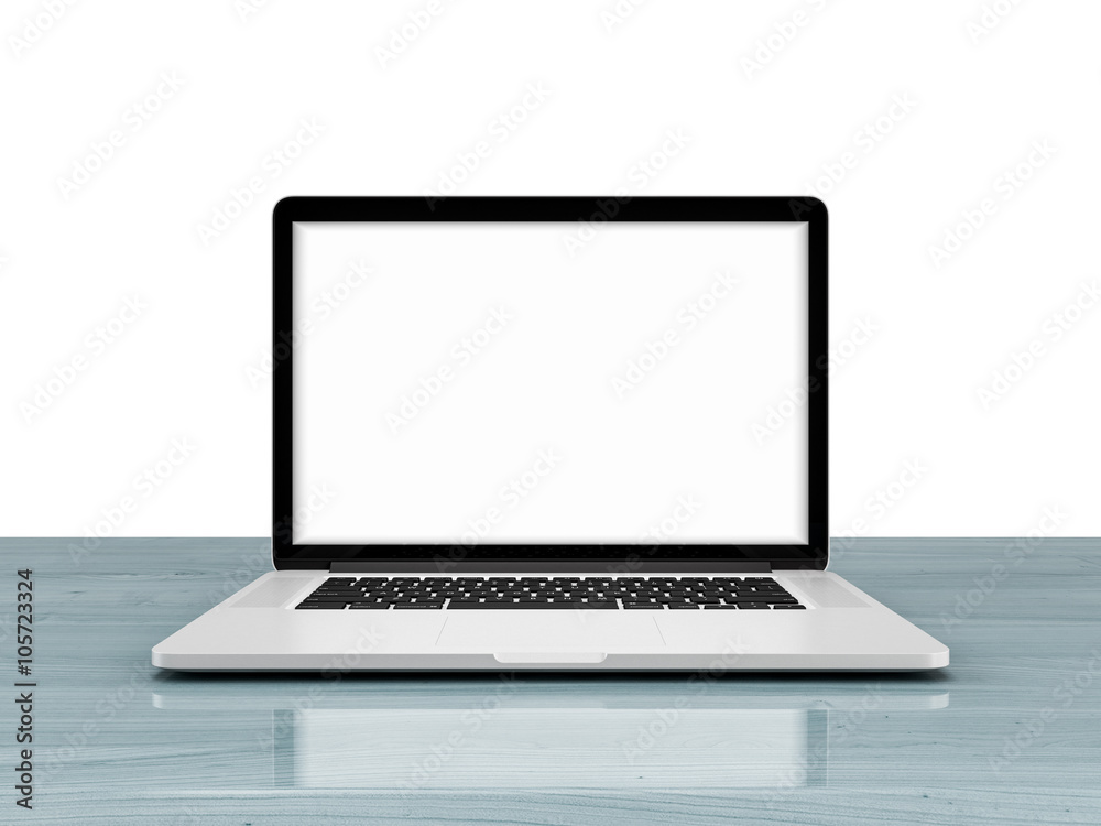 Laptop with blank screen isolated on white background, white aluminium body on blue wooden desk. Laptop with blank screen isolated on white background, white aluminium body on blue wooden desk.