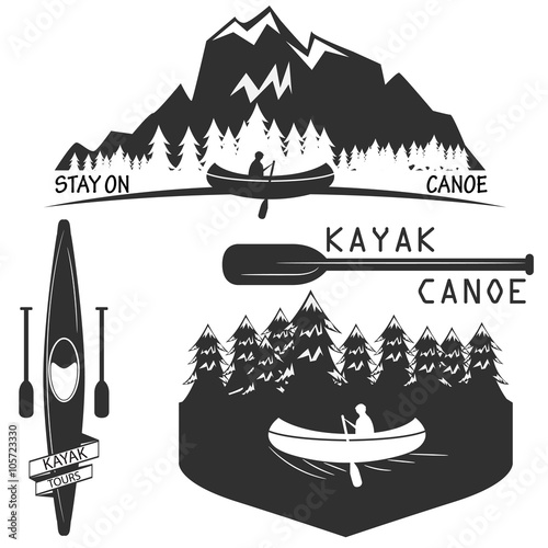 Set of vintage rafting, kayaking, paddling, canoeing, camp logo, labels and badges. Kayaker emblems. logotypes. icons. Rafting team design. vector illustration
