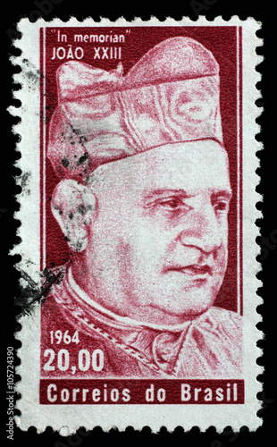 Stamp printed by Brazil. In memoriam Papa John XXIII, circa 1964. photo