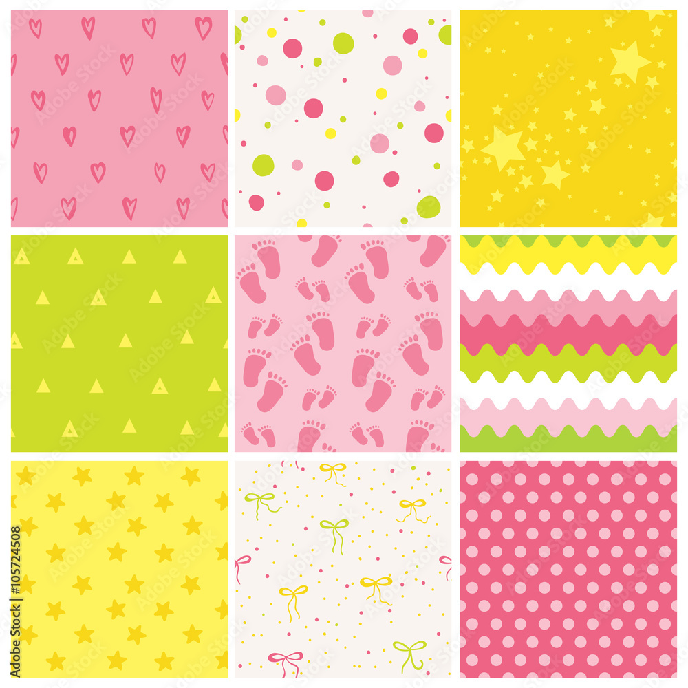 9 Seamless Baby Patterns. Baby Texture. Wallpaper. Vector Background
