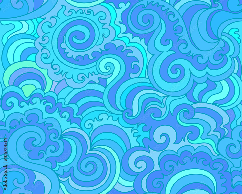 Fototapeta premium Abstract aquamarine vector seamless pattern with curling lines. Endless textile print