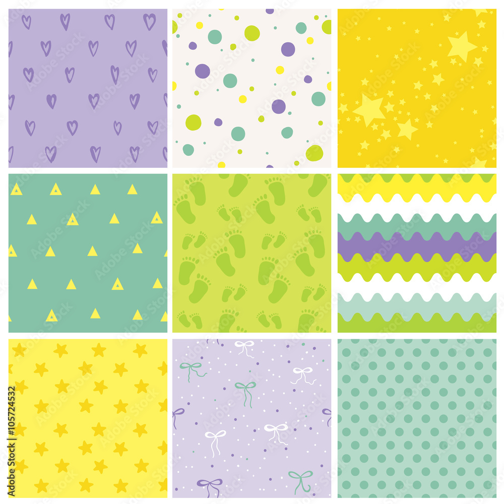 9 Seamless Baby Patterns. Baby Texture. Wallpaper. Vector Background