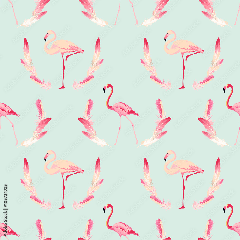 Obraz premium Flamingo Bird Background. Retro Seamless Pattern. Vector Feather