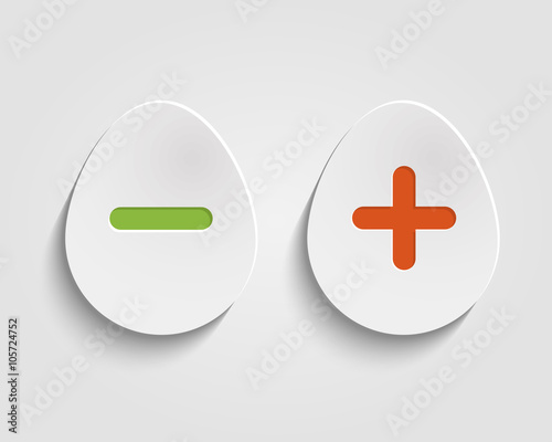 Vector realistic egg buttons Vector add, cancel, or the plus and minus signs on buttons in form egg icons isolated on white background