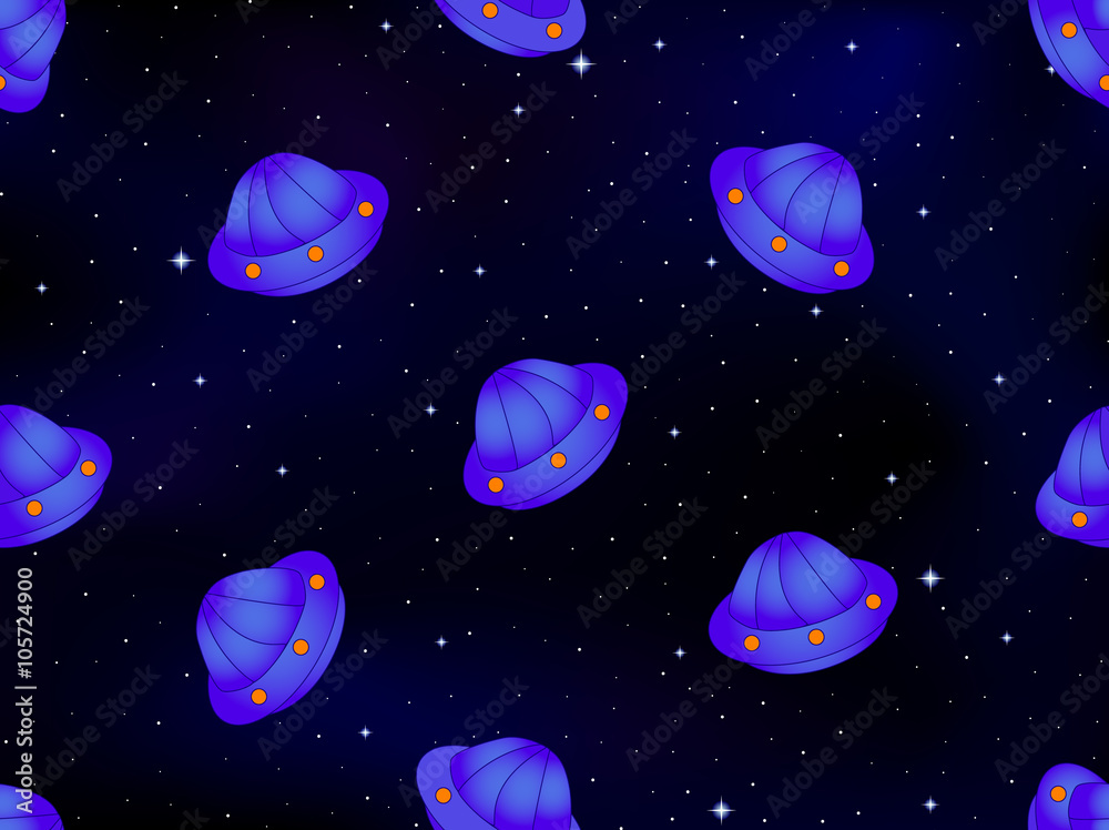 Cosmic vector seamless pattern with ufo space ships and stars