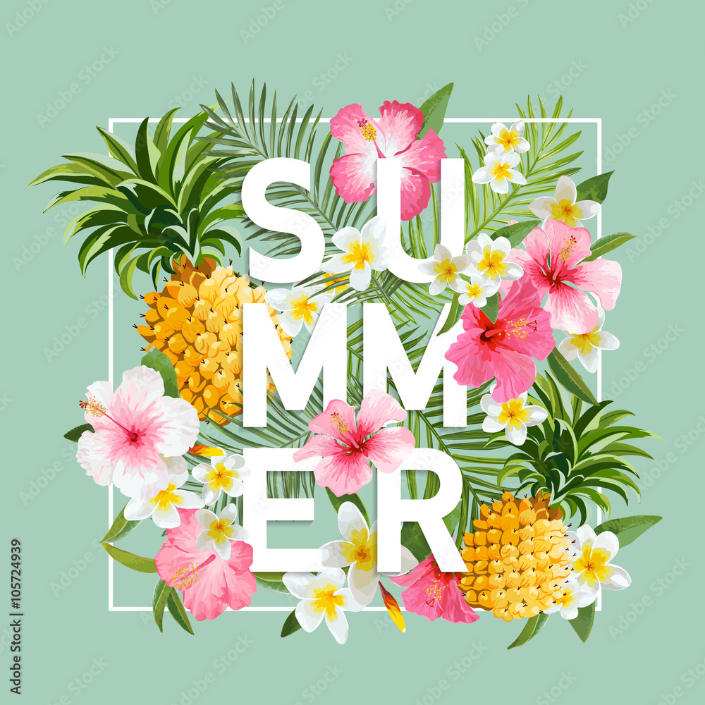 Tropical flowers graphic design - for t-shirt Vector Image