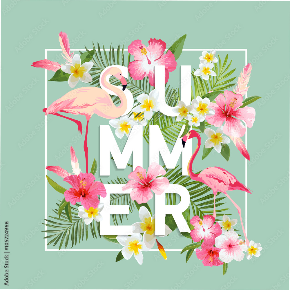 Fototapeta premium Tropical Flowers Background. Summer Design. Vector. Flamingo Background