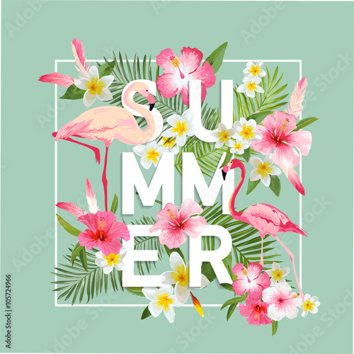 Tropical Flowers Background. Summer Design. Vector. Flamingo Background
