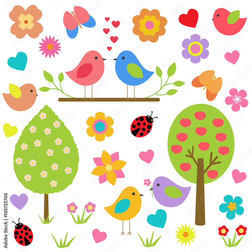 Vector set of spring theme. Spring nature, trees, flowers, birds lovers Vector set of spring theme. Spring nature, trees, flowers, birds lovers