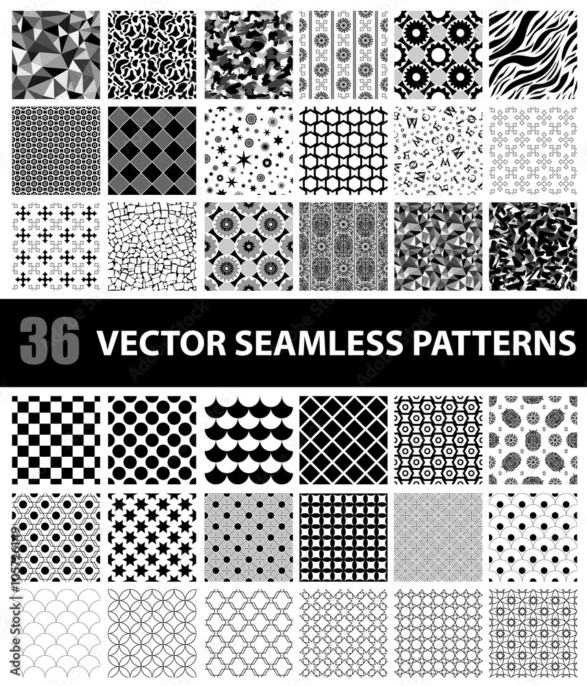 Pack of 36 vector seamless patterns: abstract, vintage, technology and geometric. Vector illustration