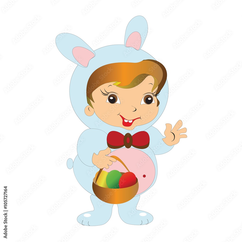 the boy in the costume of the Easter Bunny with a basket of colored eggs on white background the boy in the costume of the Easter Bunny with a basket of colored eggs on white background