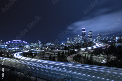 A classic view of downtown Seattle city skyline at dusk.