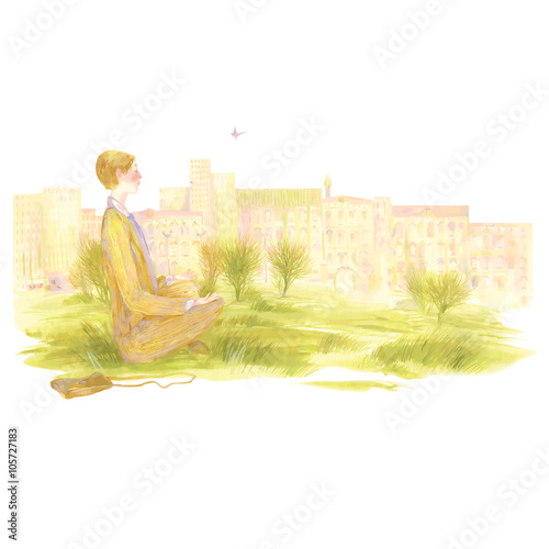 Meditation of businessman in city.