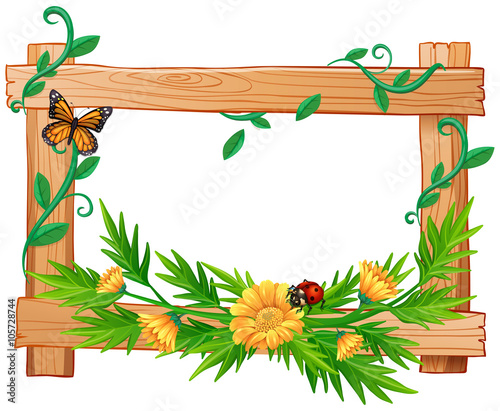 Wooden frame with flowers and insects