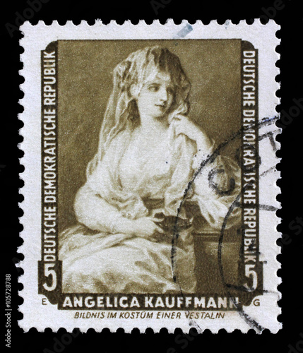 Stamp printed in DDR shows the painting Portrait of a Lady as a Vestal Virgin, by Angelica Kauffmann, from the series Famous Paintings from Dresden Gallery, circa 1957. photo