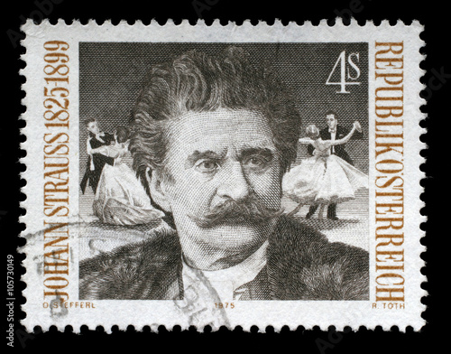Stamp printed by Austria shows image portrait of famous Austrian music composer Johann Strauss, circa 1975.