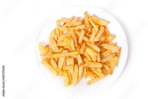 a lot of delicious french fries cooked at home on a white background