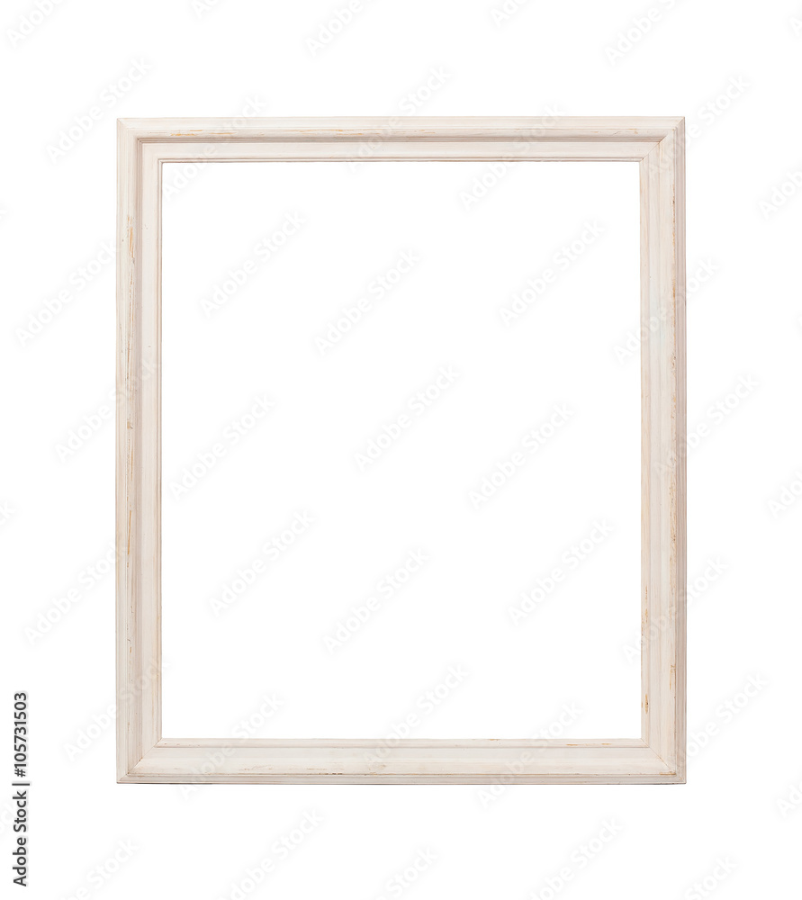 The old white wooden painted frame isolated on a white background The old white wooden painted frame isolated on a white background