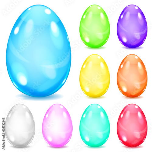 Set of colorful transparent glass Easter eggs with shadows