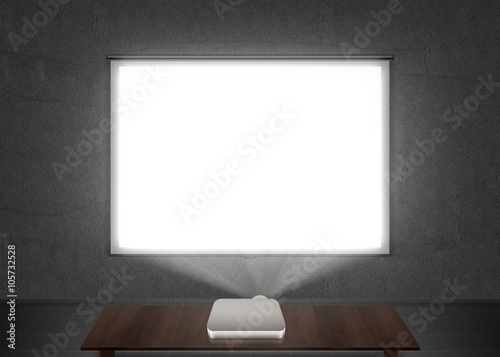 Blank projector screen mockup on the wall. Projection light in darkness. Projector display mock up. Presentation clear monitor on wall. Slide show front design. Slideshow billboard banner frame.