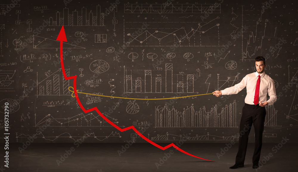 Businessman pulling a red arrow upright with a rope Businessman pulling a red arrow upright with a rope