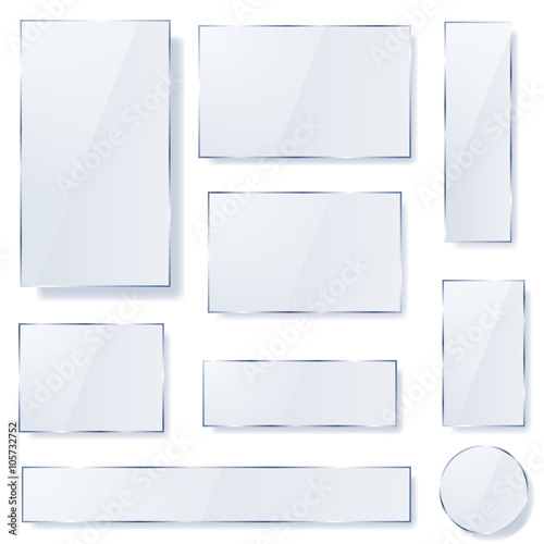 Set of transparent glass plates of different shapes in light blue colors with shadows. Transparency only in vector format