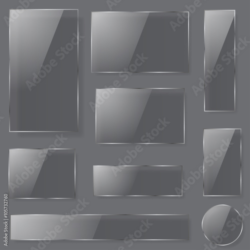 Set of transparent glass plates of different shapes in dark colors with shadows. Transparency only in vector format