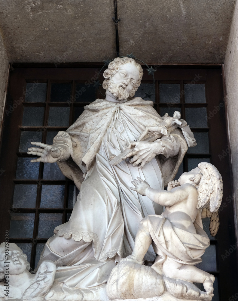 Obraz premium St. John Nepomuk on the facade of the church of St. Florian in Ljubljana, Slovenia