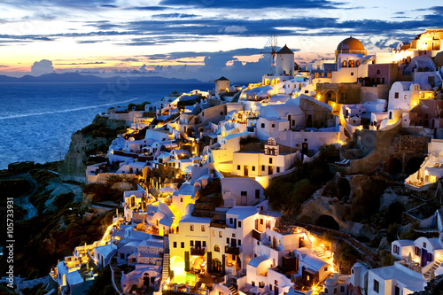 Greece. Cyclades Islands - Santorini (Thira). Oia town after sunset