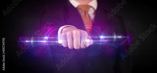 Business man holding future technology data system network