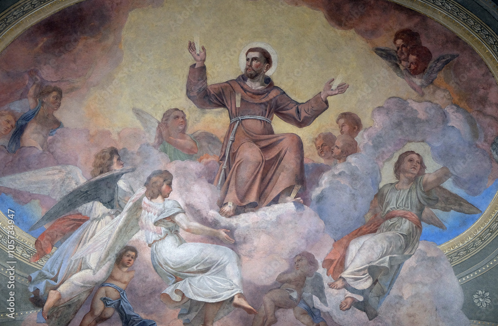 Saint Francis of Assisi surrounded by angels, fresco in the Franciscan Church in Ljubljana, Slovenia