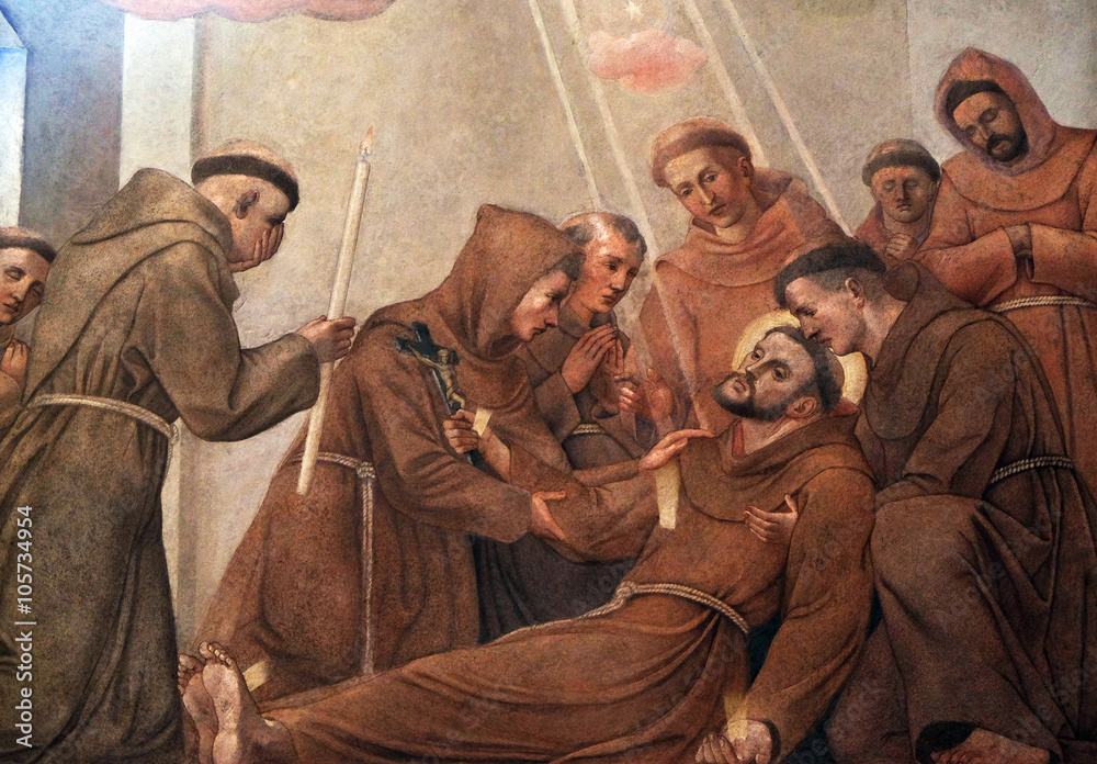 Fototapeta premium Death of Saint Francis of Assisi, fresco in the Franciscan Church in Ljubljana, Slovenia 