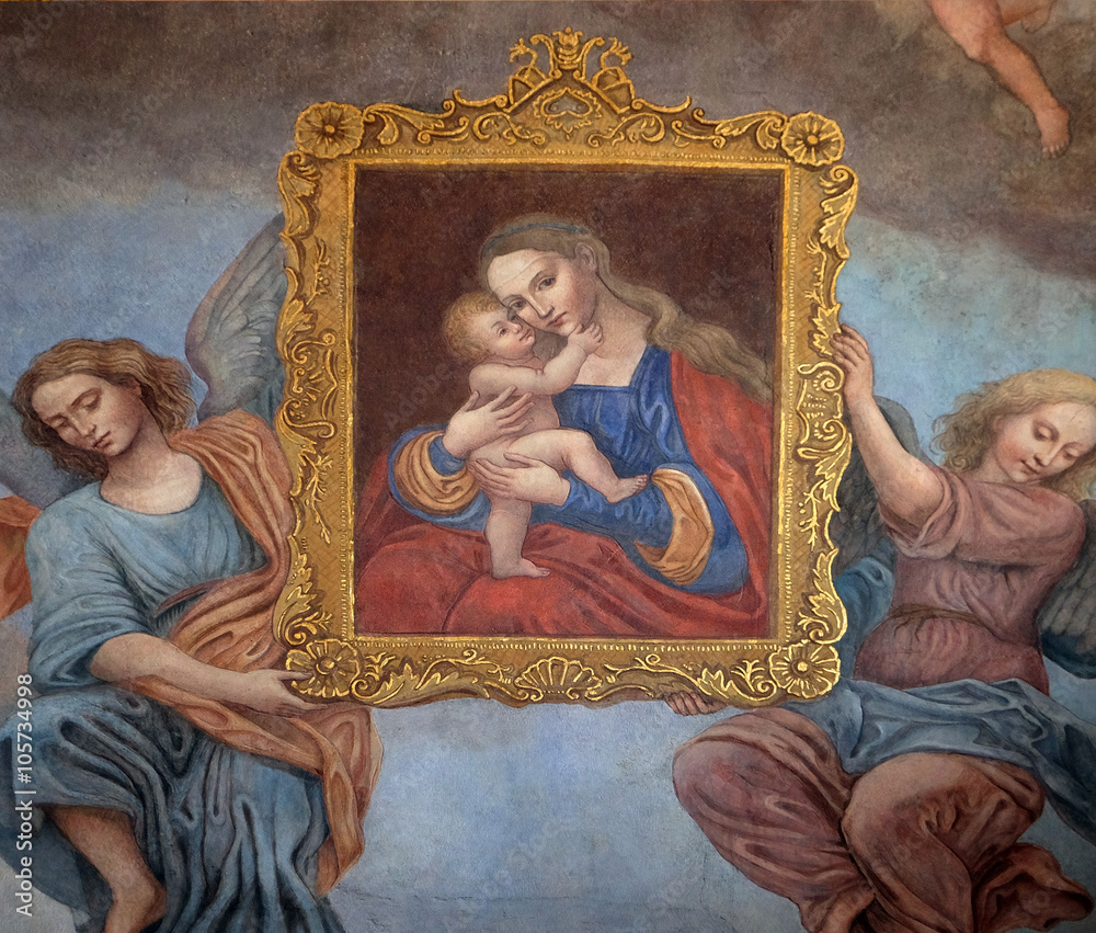Obraz premium Virgin Mary with baby Jesus, fresco in the Franciscan Church in Ljubljana, Slovenia