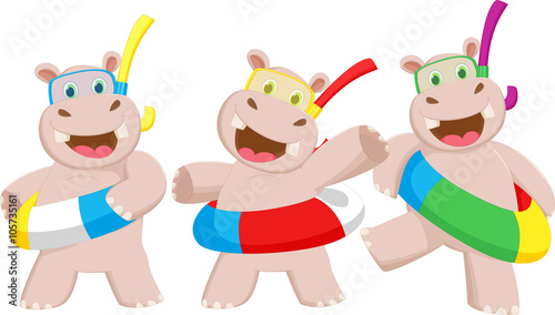happy cartoon hippo with buoys