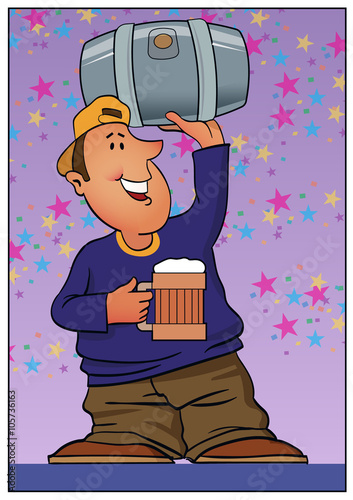 Keg Party / A man holds up a keg of beer over his head.