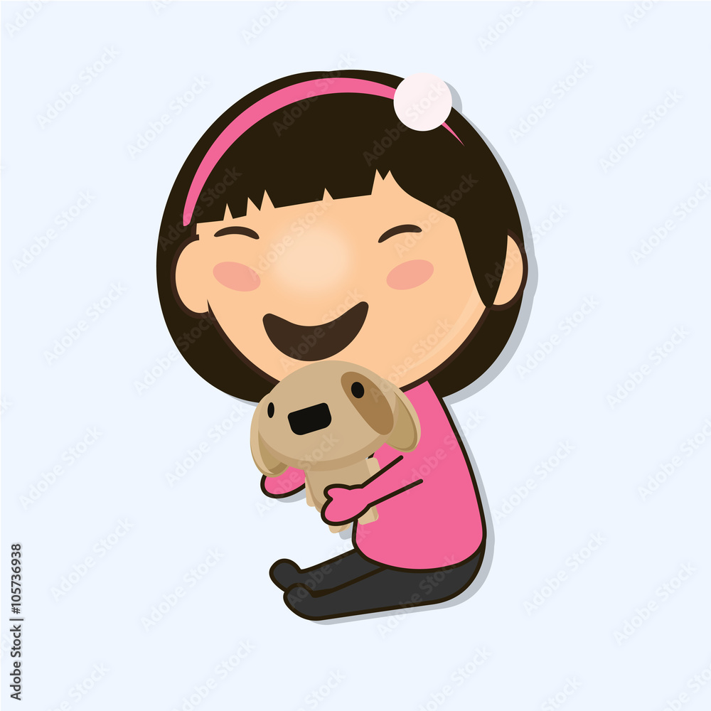 little girl holding a cute dog and experiencing emotions, vector illustration/ chiby girl and dog little girl holding a cute dog and experiencing emotions, vector illustration/ chiby girl and dog