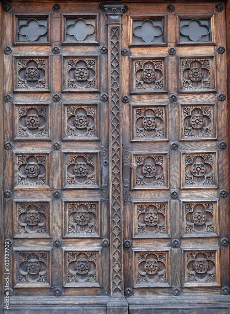 Door, west portal of the church of St. Mark in Zagreb, Croatia 