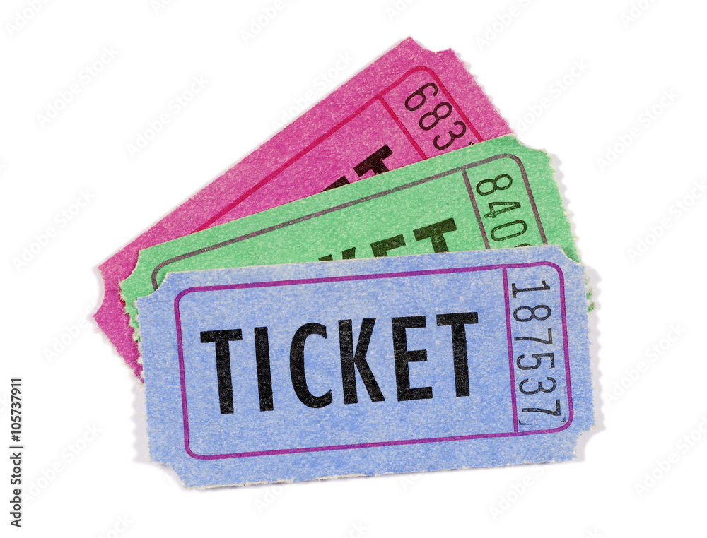 Naklejka premium Several different color movie cinema theater or raffle ticket stub isolated on white background photo