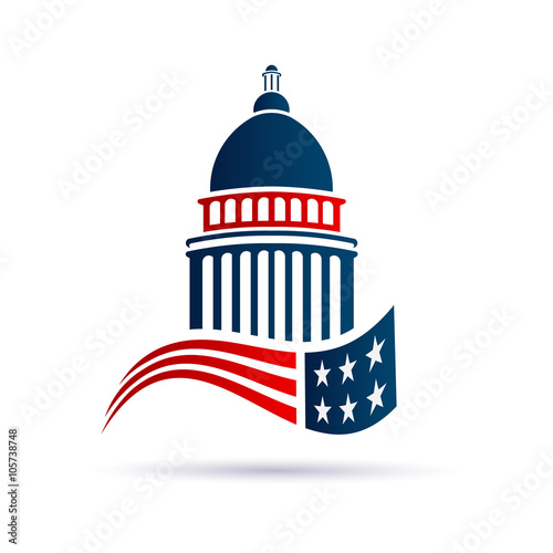 Capitol building logo with american flag. Vector design