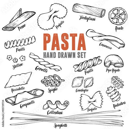 Hand drawn Italian pasta set. Collection of different types of pasta. Retro line art vector illustration.