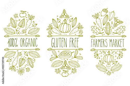 Organic food, gluten free, farmer market menu logo. Hand drawn vector sketch typographic element. Nature product label. Leaf, corn, carrot, cacao, cocoa, apple, pumpkin, floral, acorn.